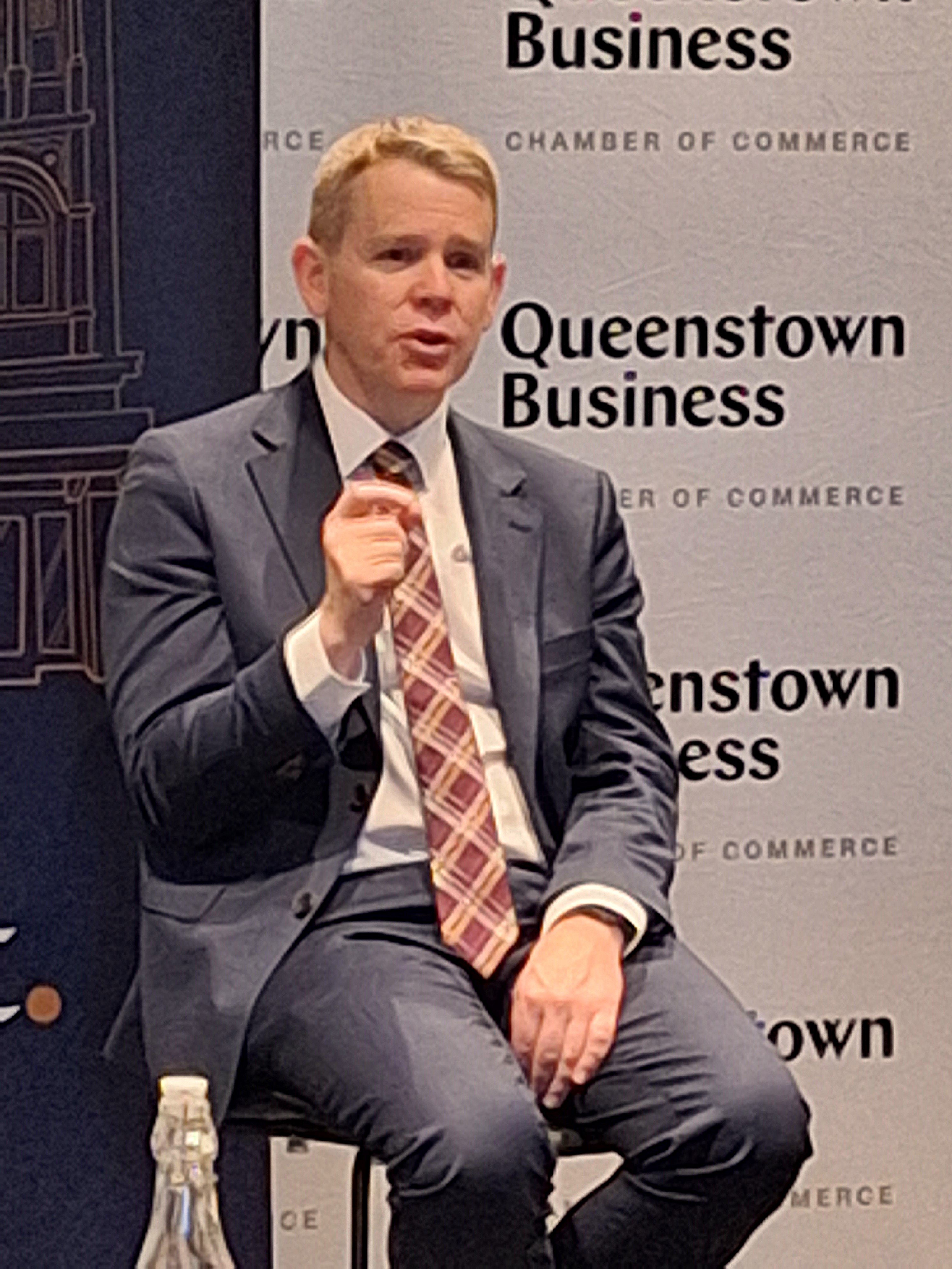 Labour leader Chris Hipkins makes a point to a business audience in Queenstown yesterday. PHOTO:...