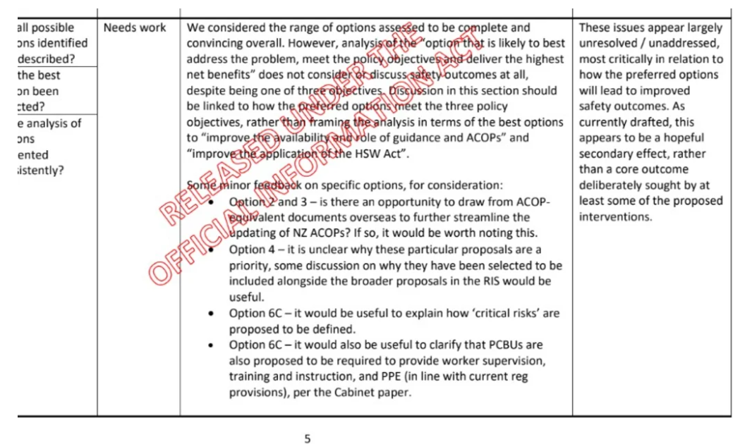 A screenshot of the review of the regulatory impact statement. Photo: MBIE
