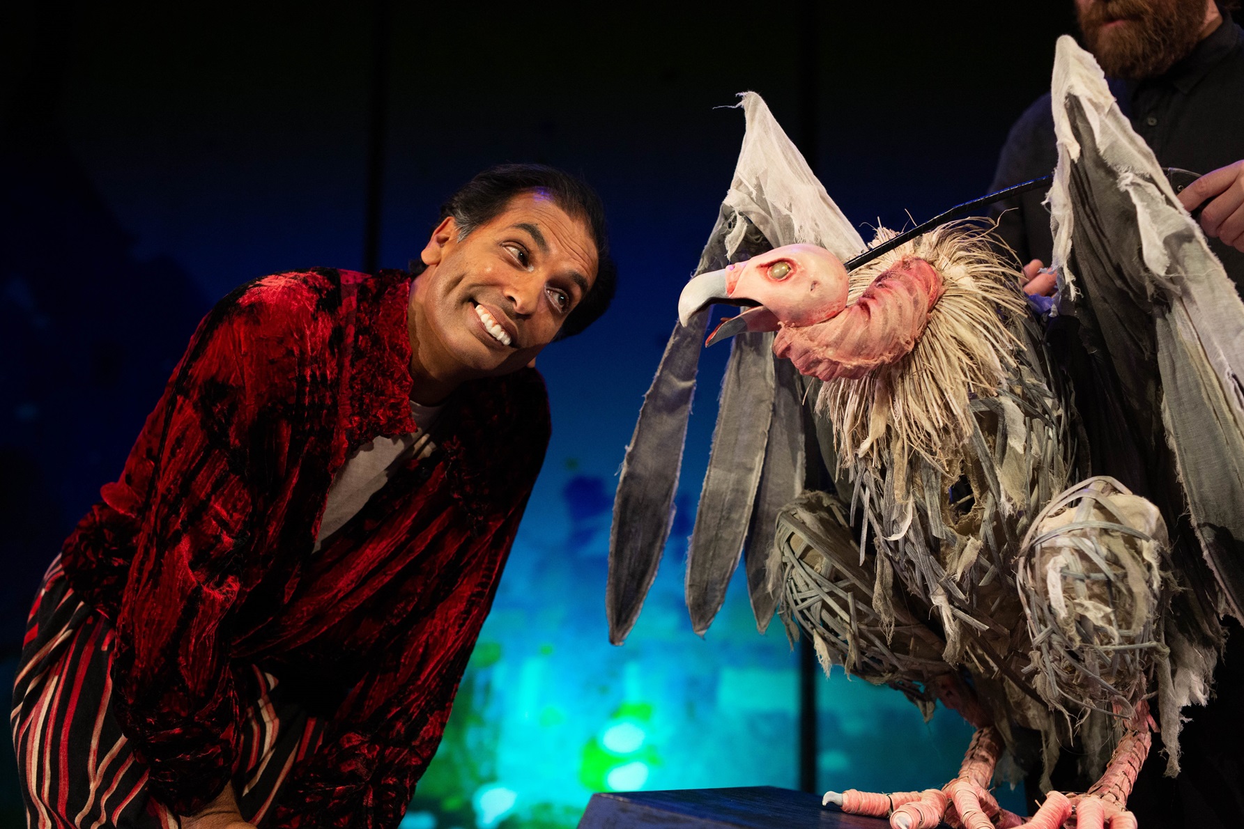 Jacob Rajan interacts with a fantastic puppet vulture in the Indian Ink show Paradise or the...