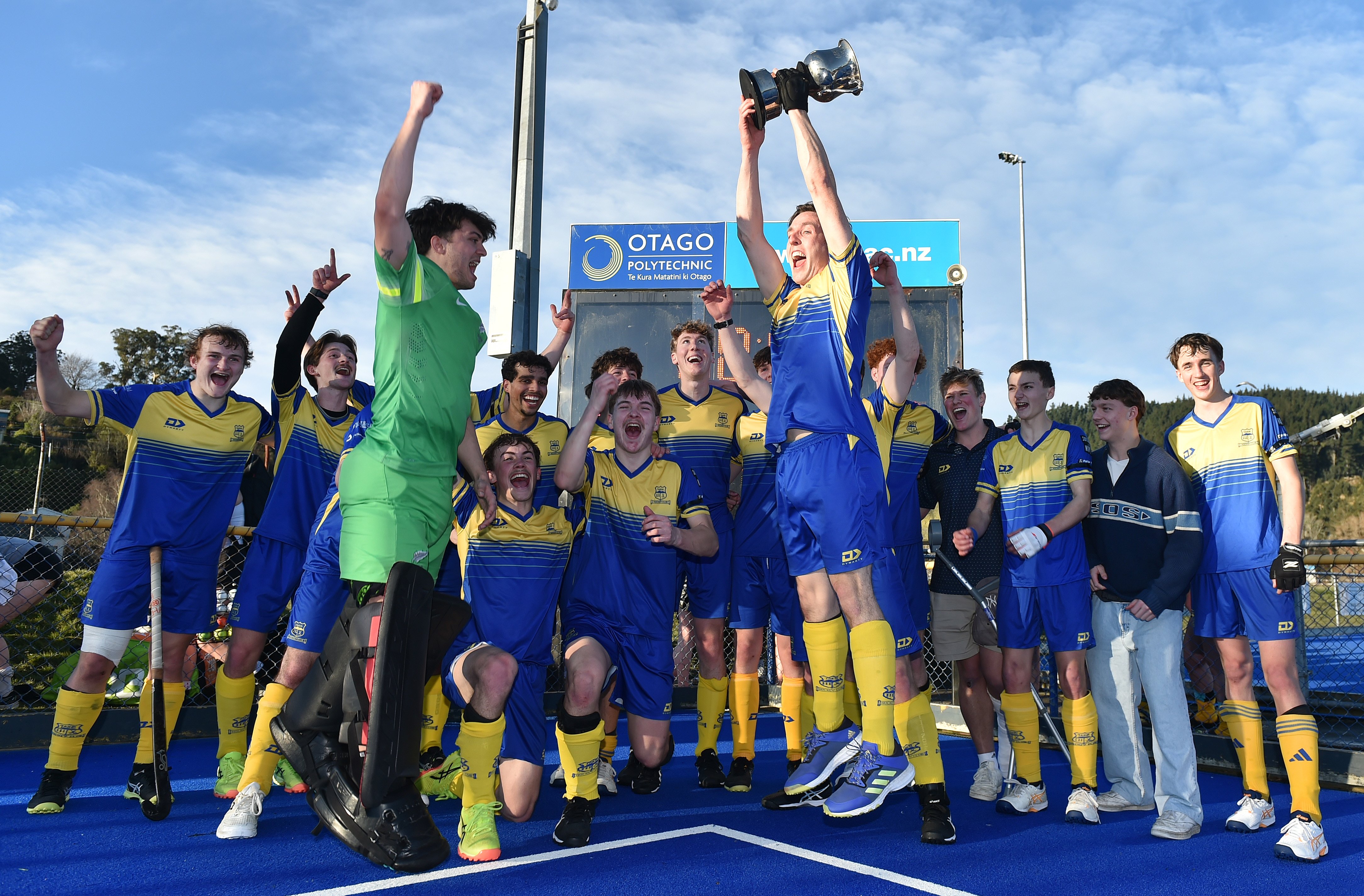 The Taieri Tuataras celebrate their win over the Albany Alligators in the Dunedin men’s club...