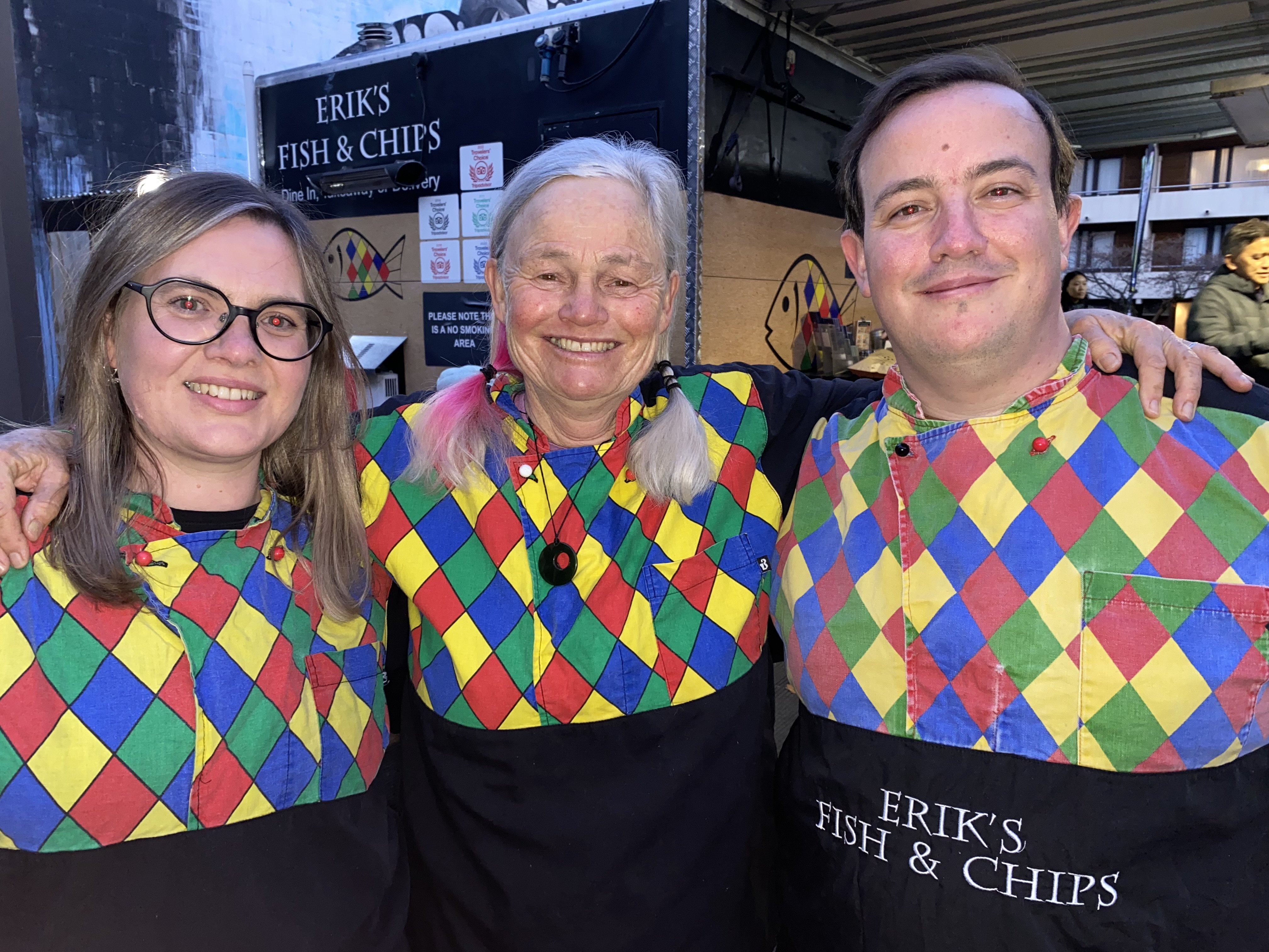 Outgoing Erik’s Fish & Chips co-owner Anna Arndt, centre, with new owners Harri Sylva and Ben...