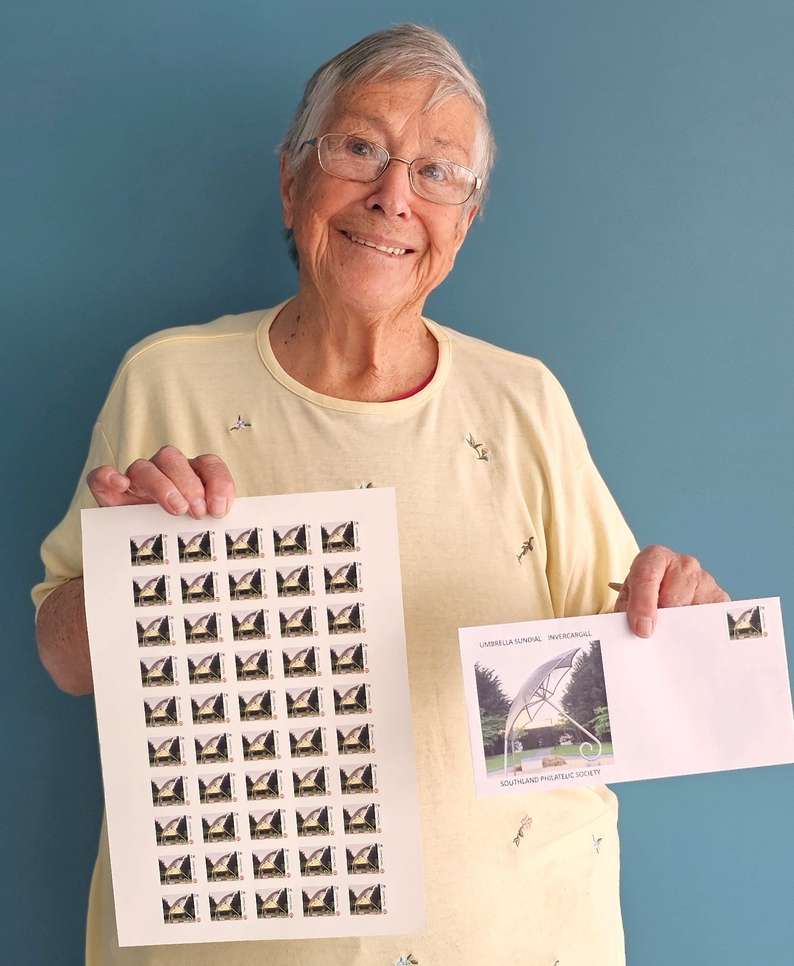 Southland Philatelic secretary Margaret Peake proudly displays the new Southland stamp which...