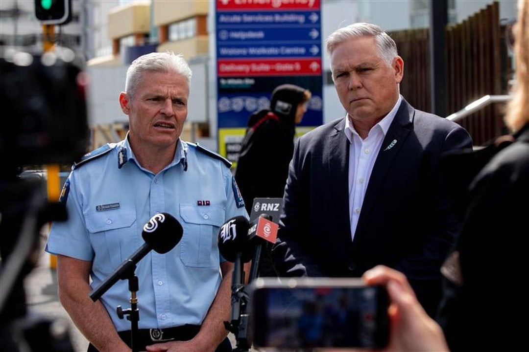 Police Commissioner Richard Chambers and Police Minister Mark Mitchell speak to media outside...