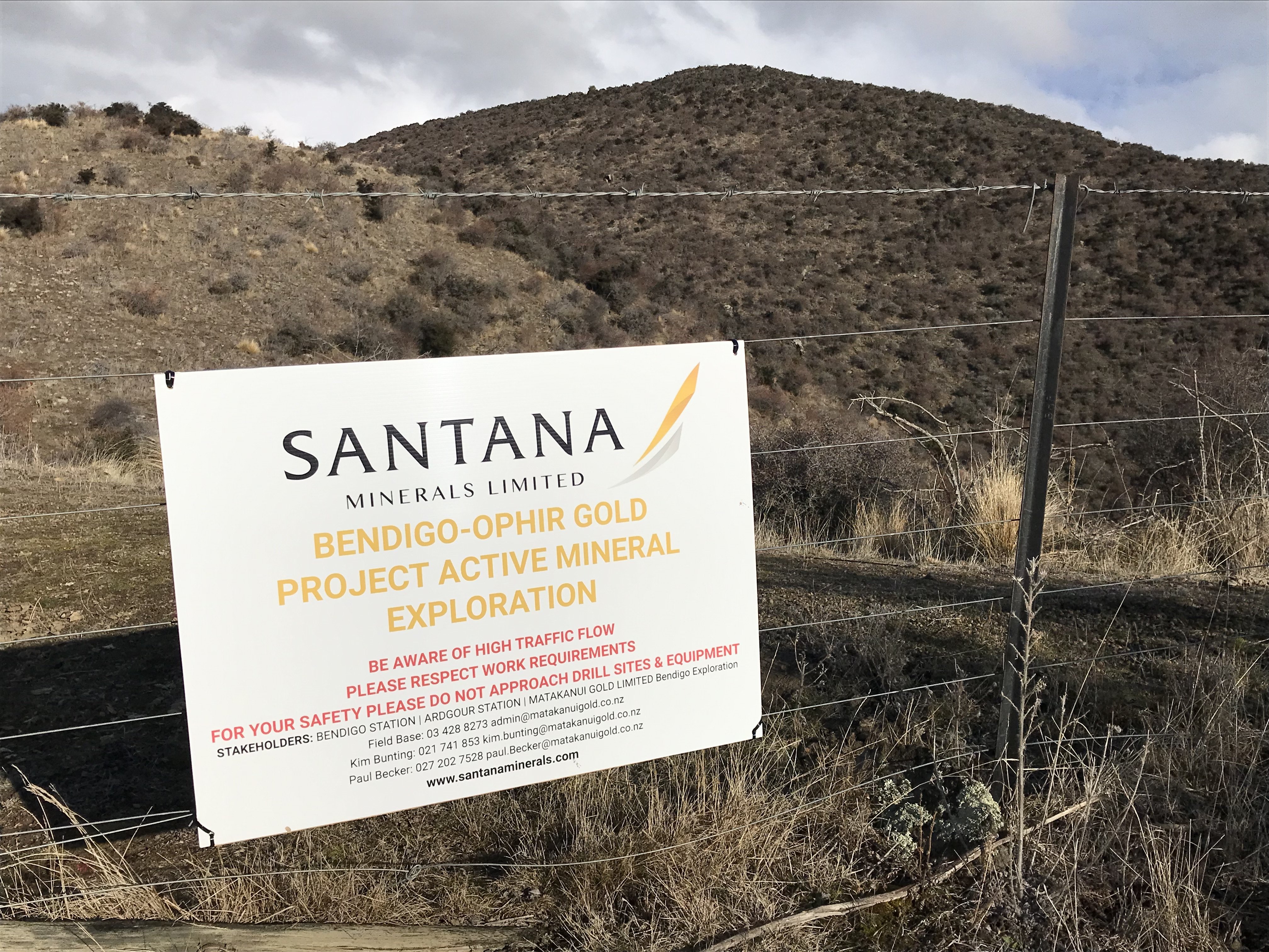 A Santana Minerals sign. PHOTO: MARJORIE COOK
