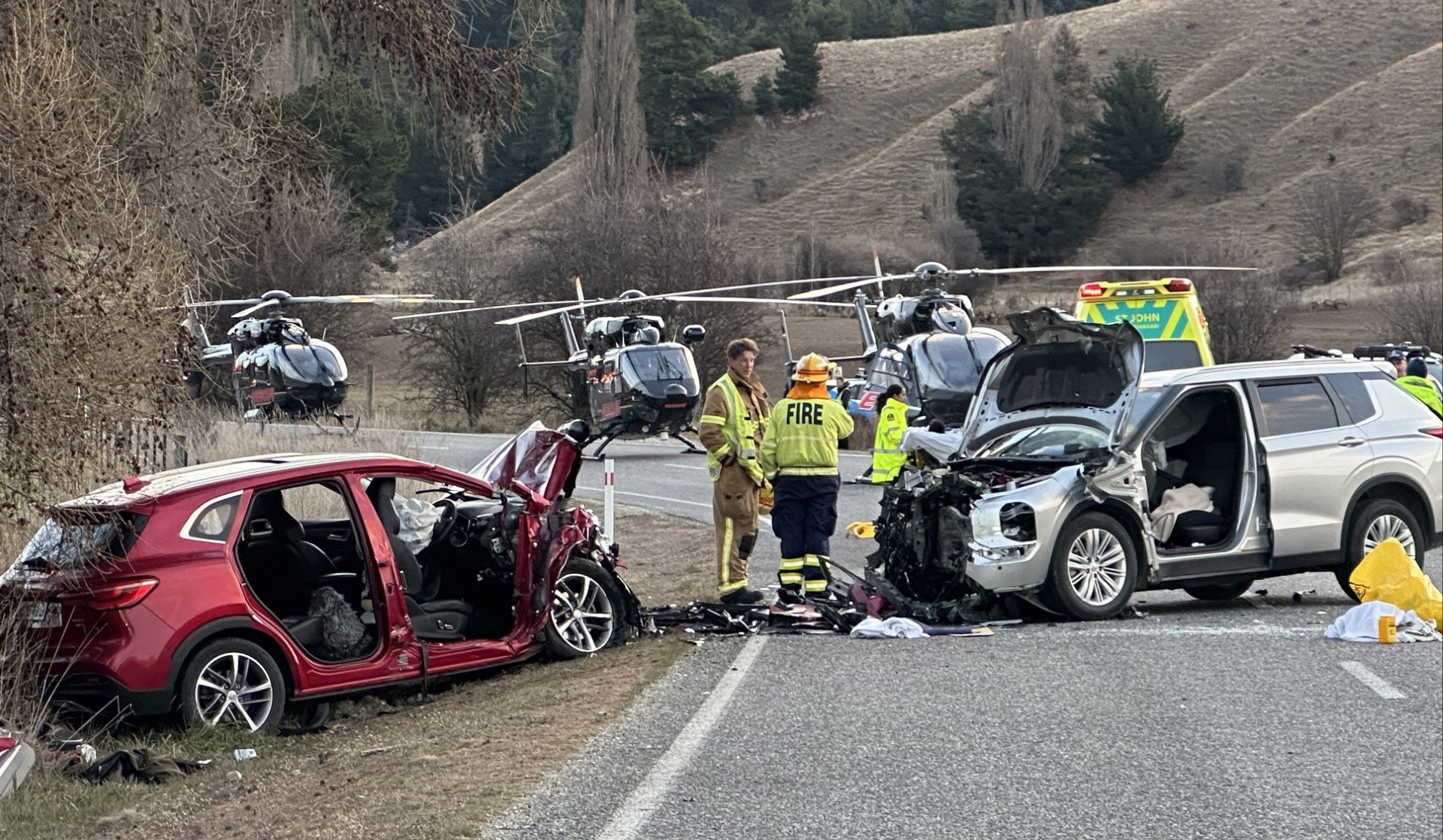 Emergency services at the scene of a serious crash on Cardrona Valley Rd near Wanaka yesterday....