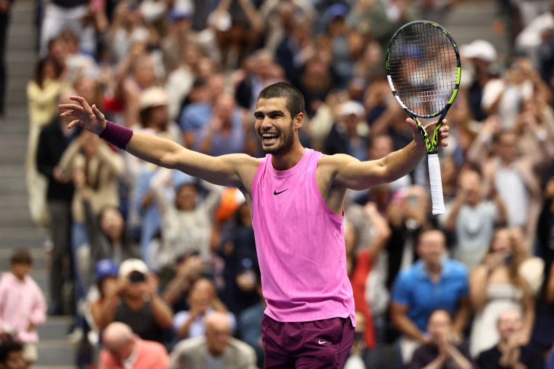 Carlos Alcaraz celebrates beating Jan Sinner in the US Open men's singles final at Flushing...