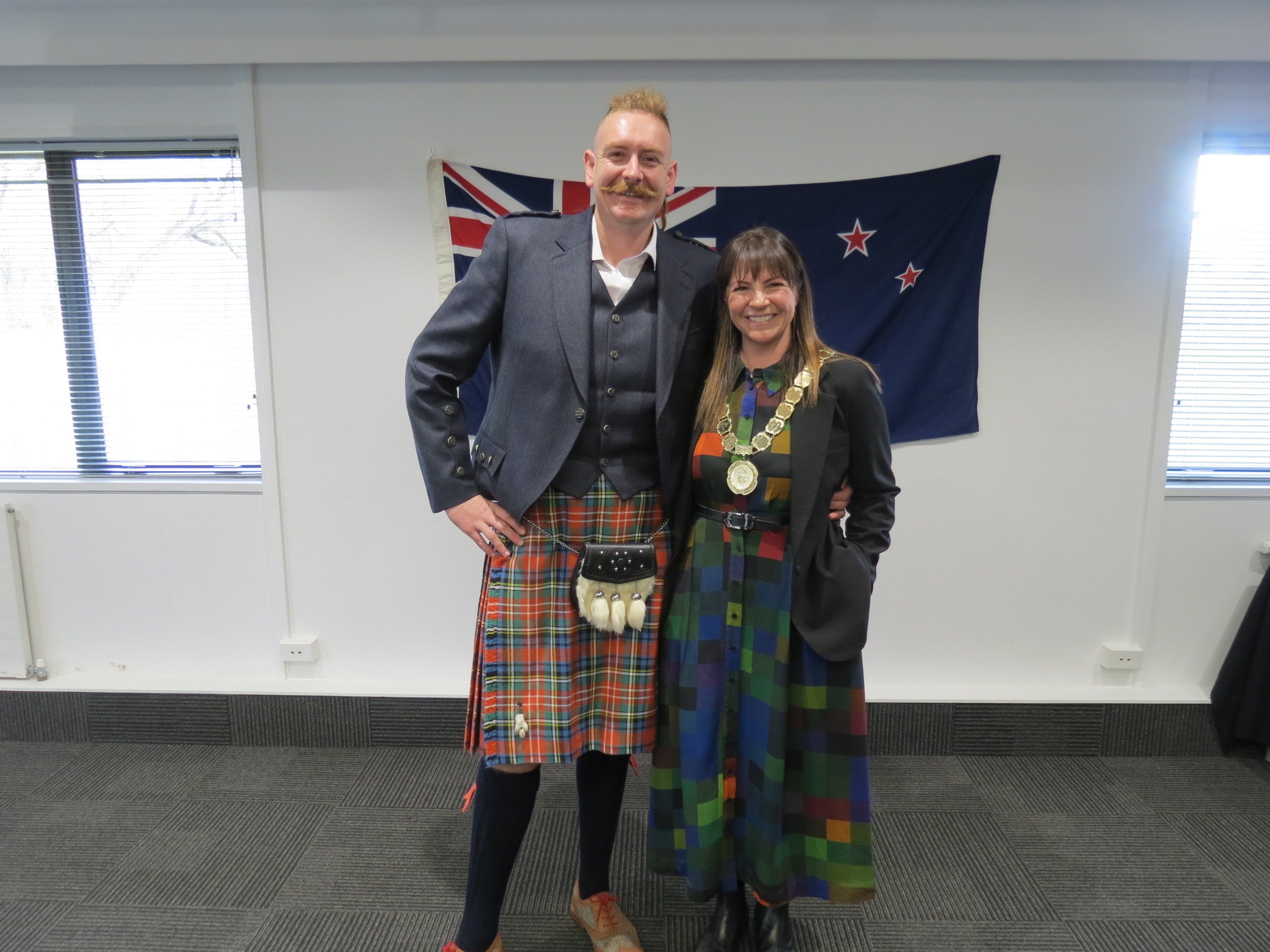 New citizen and Crusaders fan Kyle Clapperton with Central Otago Mayor Tamah Alley who joked...