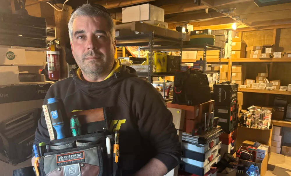 Gaston Monge-Grassi with the tool belt stolen from his work ute that he won back after...