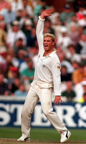 Shane Warne celebrates taking a wicket during the first test of Australia’s successful Ashes tour...