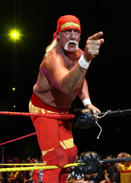 Hulk Hogan gestures to the audience during his 2009 Hulkamania Tour in Perth, Australia. Photo:...