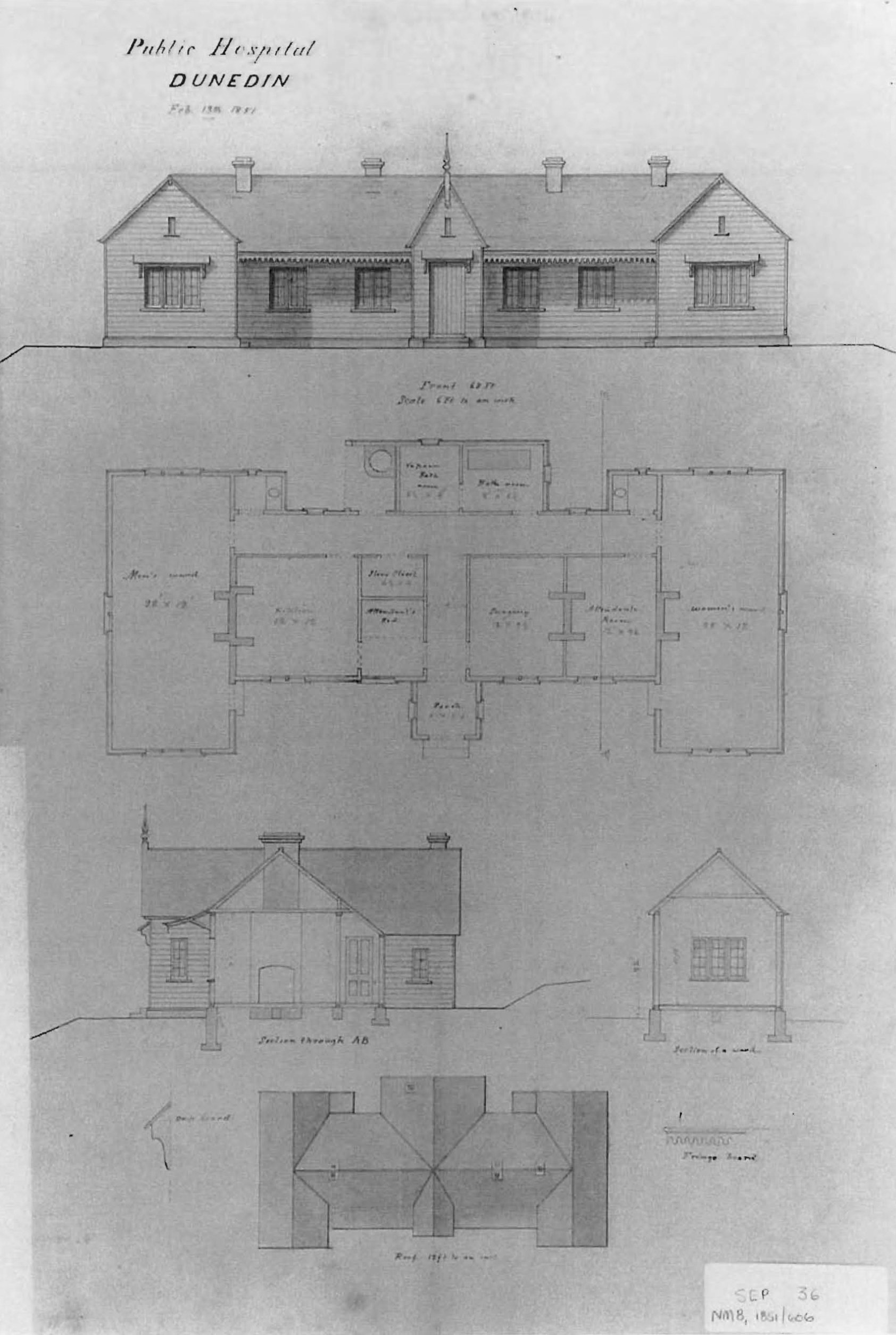 Plans for the first Dunedin Hospital, which opened in the Octagon in 1851.