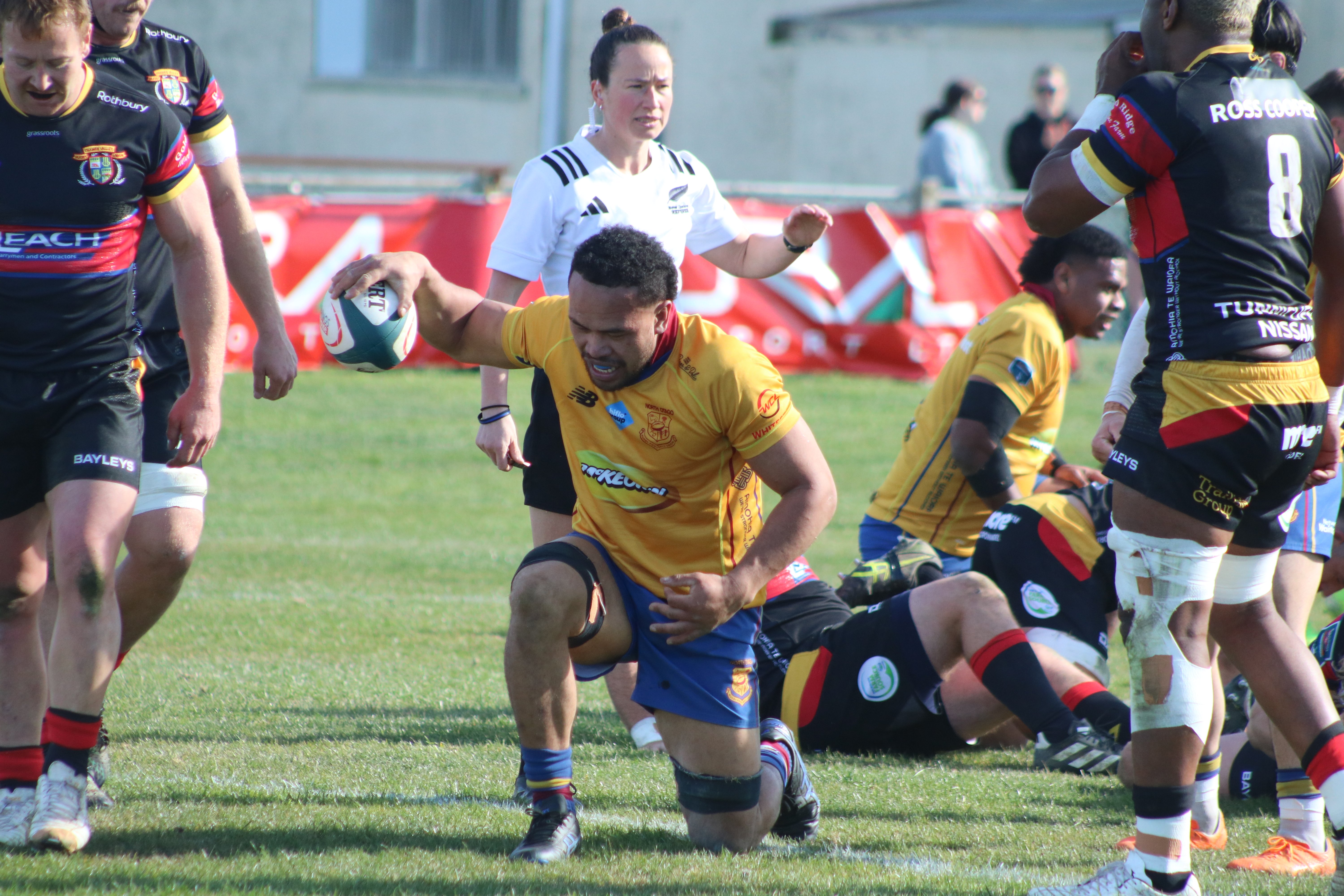 North Otago flanker Toni Taufa celebrates after scoring a try against Thames Valley at the Oamaru...