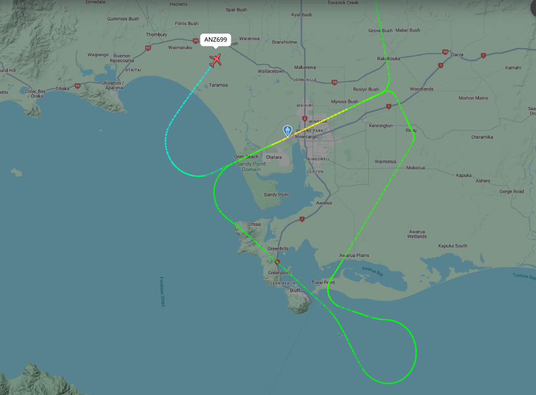 The flight made two passes over Invercargill before aborting. Image: Flightradar24