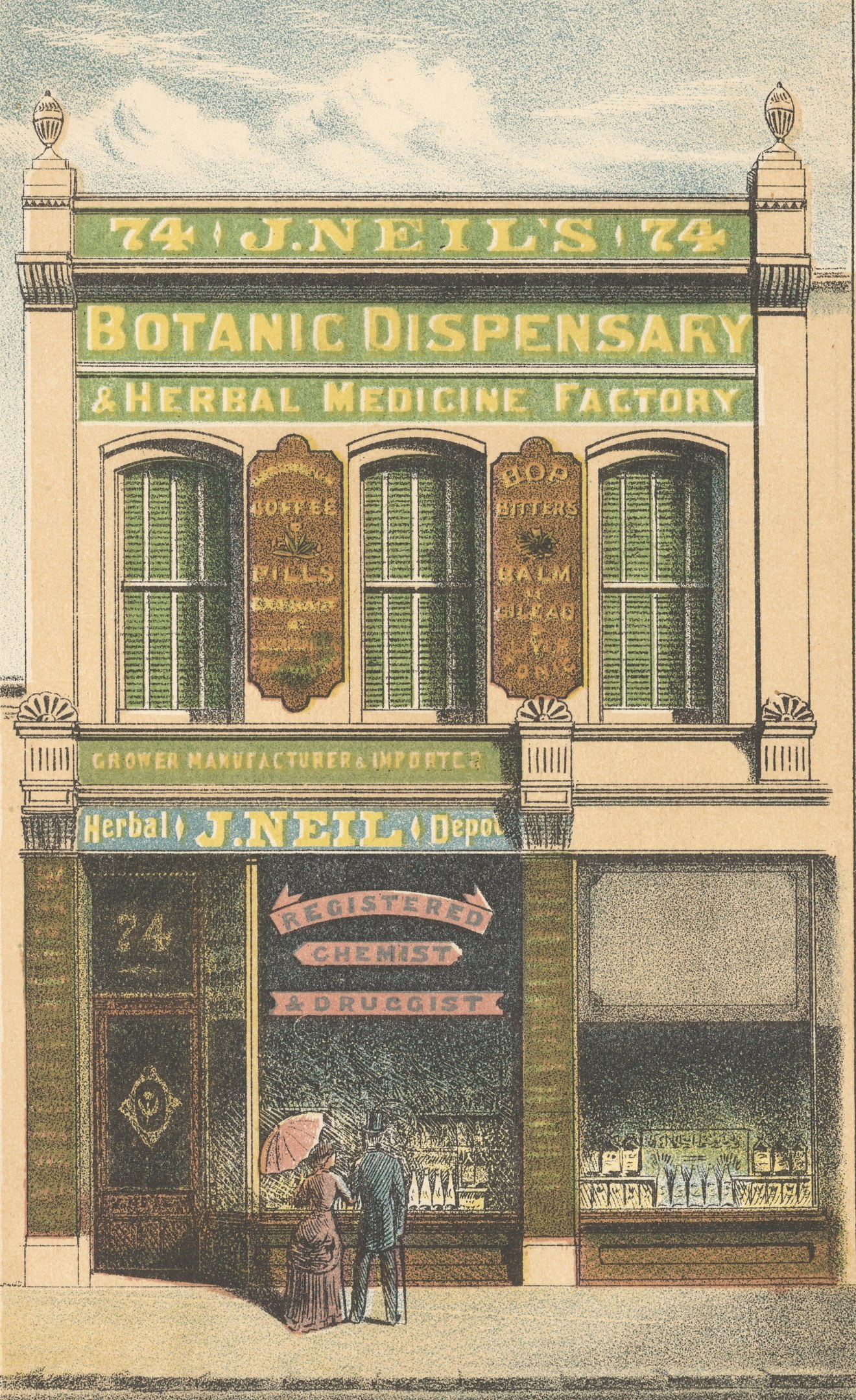 James Neil’s botanic dispensary was located in George St (where the Wall Street Mall entrance is...