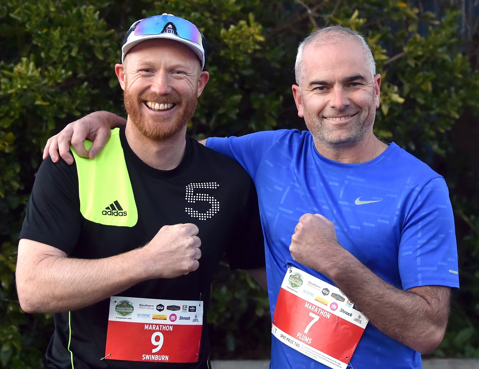 Jolyon Swinburn (left) and Blake Plummer, get ready for the Emerson’s Dunedin Marathon yesterday....