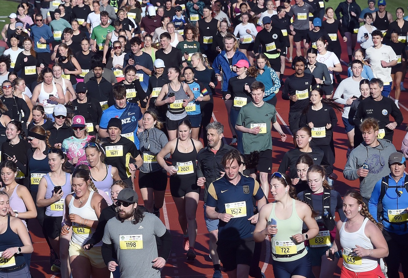Runners take off at the start of the Emerson’s Half Marathon at the Caledonian Ground yesterday.