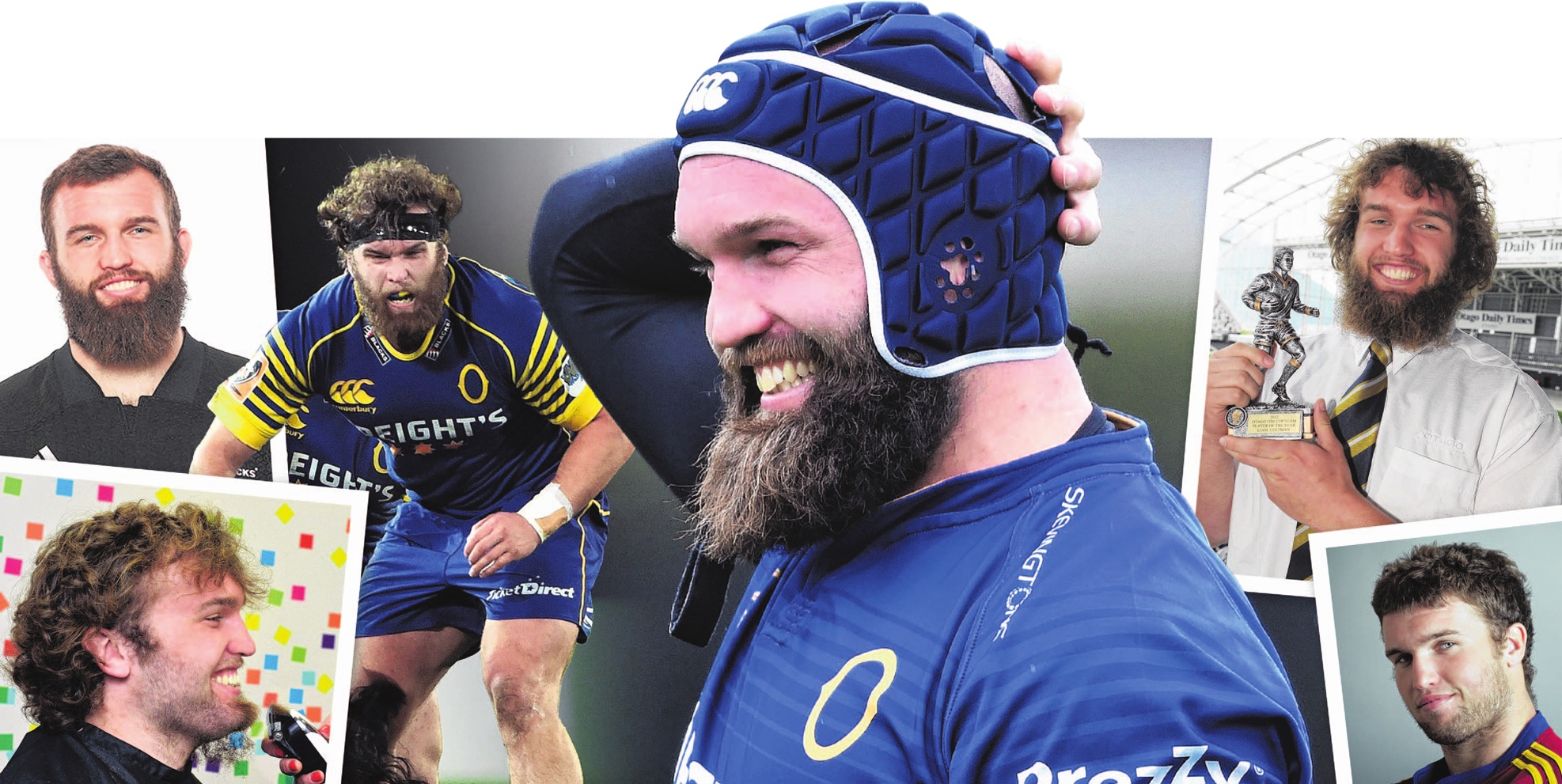 The many, and mostly hairy, faces of Otago and Highlanders centurion and former All Black Liam...
