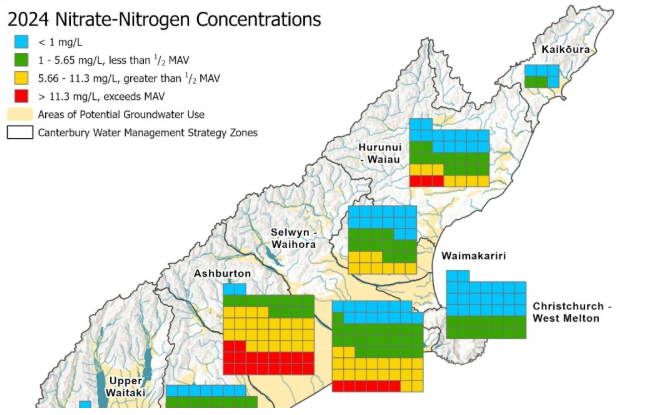 Mapping of nitrate-nitrogen samples by concentration shows the Ashburton region had the highest...