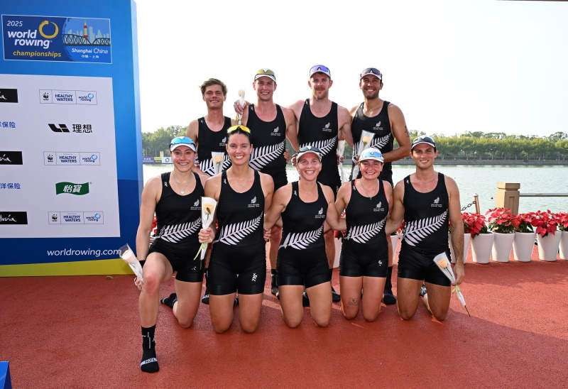 The New Zealand team who won bronze in the first ever mixed eight held at a world rowing...