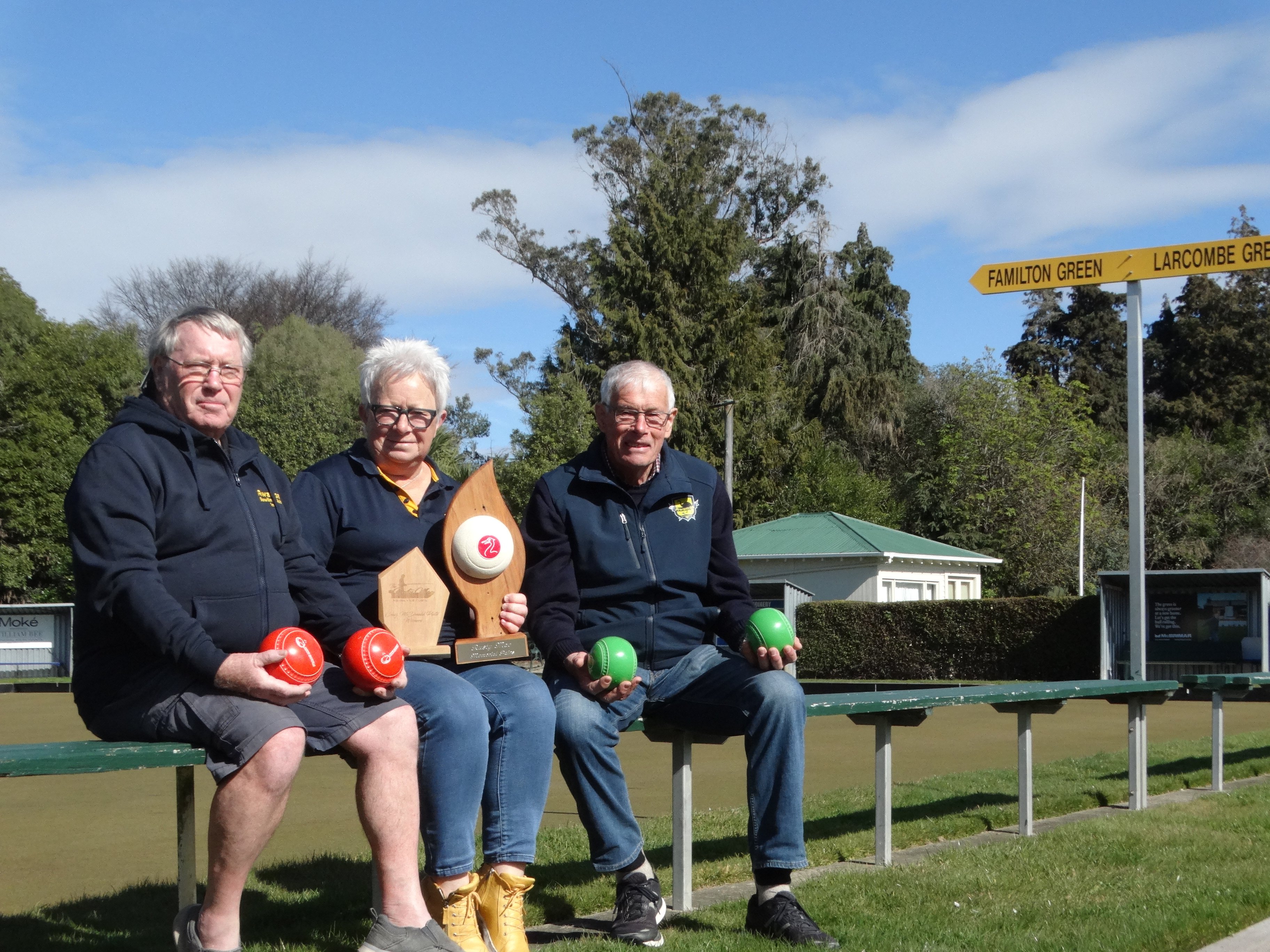 Awamoa Bowling Club secretary Terry Lake (left), Annie McDonald and president Bob Kingan have...