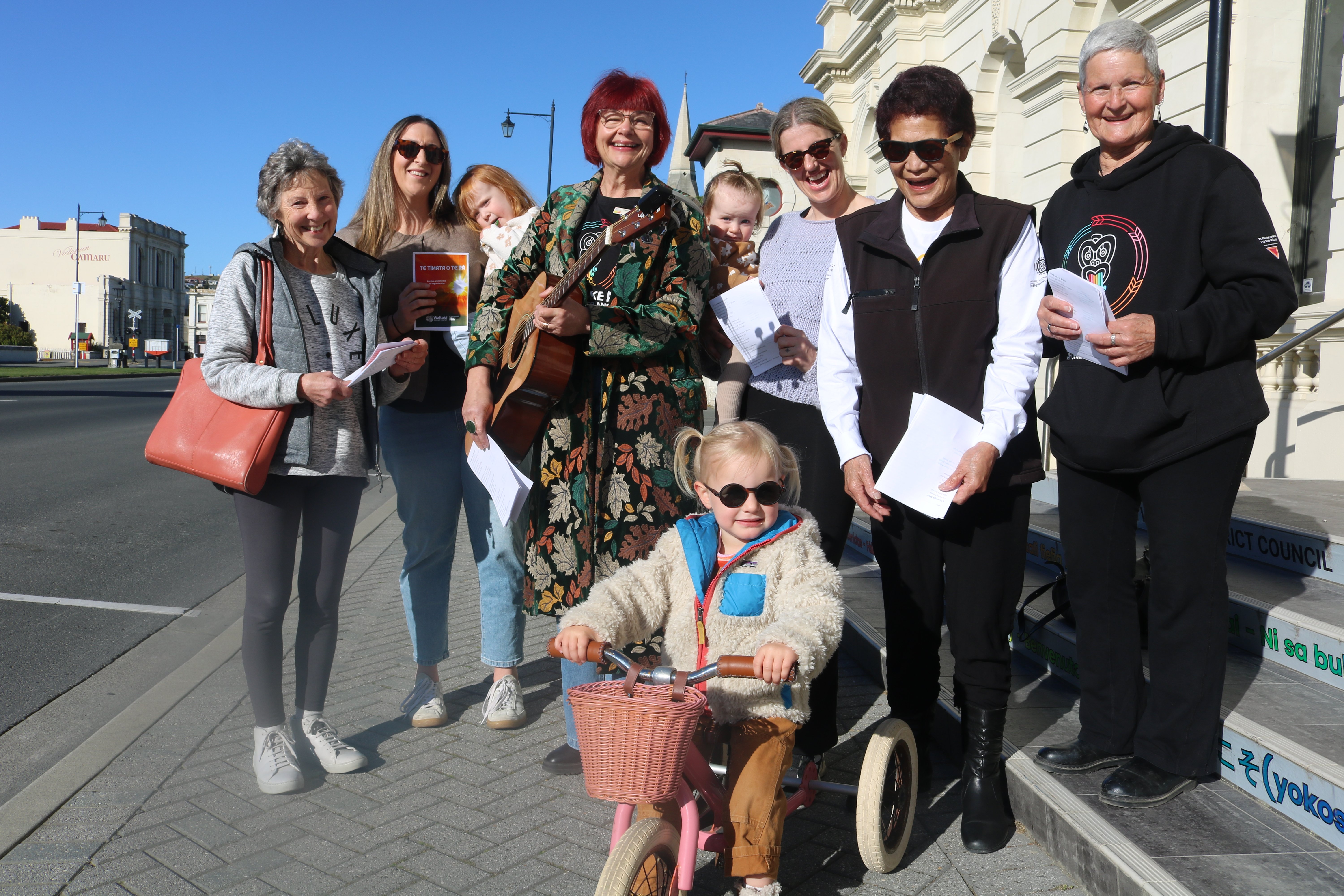 Singing a waiata outside the Waitaki District Council building on Friday are (from left) Jocelyn...