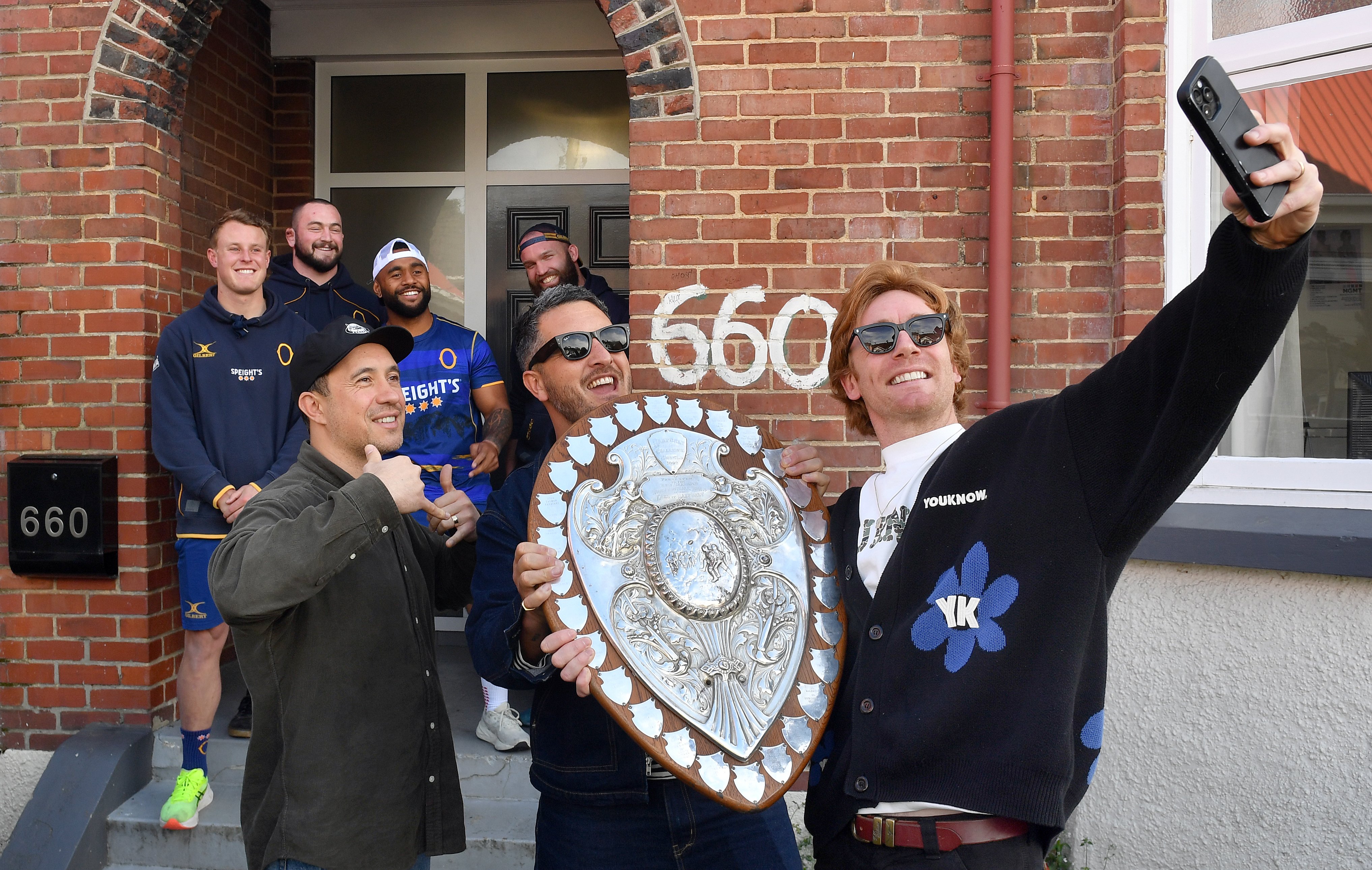 Six60 band members (front from left) Marlon Gerbes, Matiu Walters and Ji Fraser take a selfie...