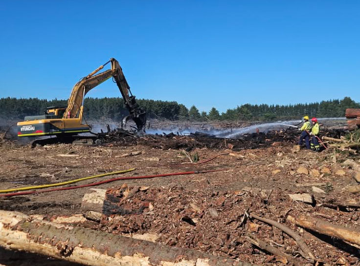 Logs are turned over to put out the smouldering fire. PHOTO: FIRE AND EMERGENCY CANTERBURY