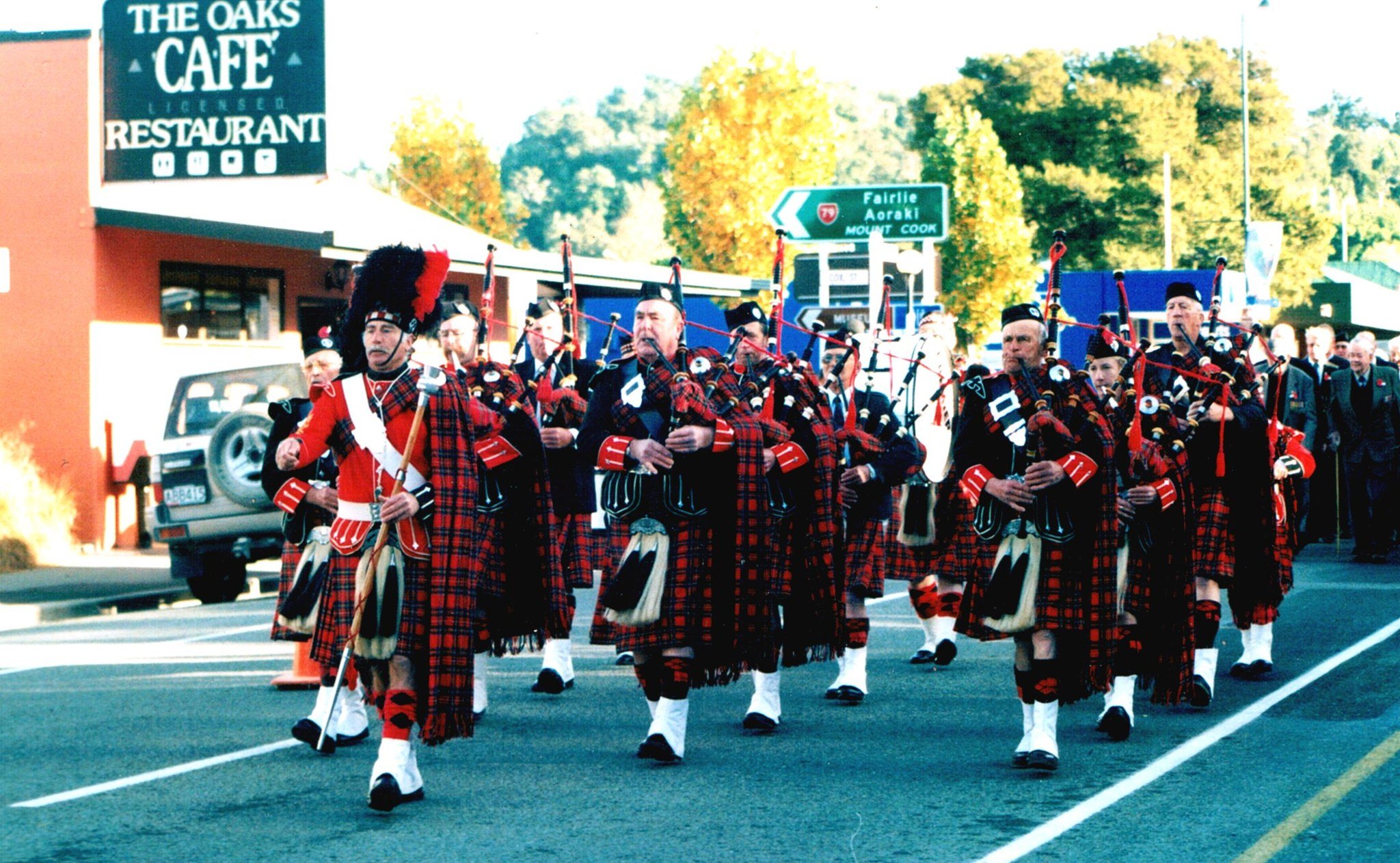 Band members take to the streets of Geraldine for an Anzac Day parade. PHOTOS: SUPPLIED
