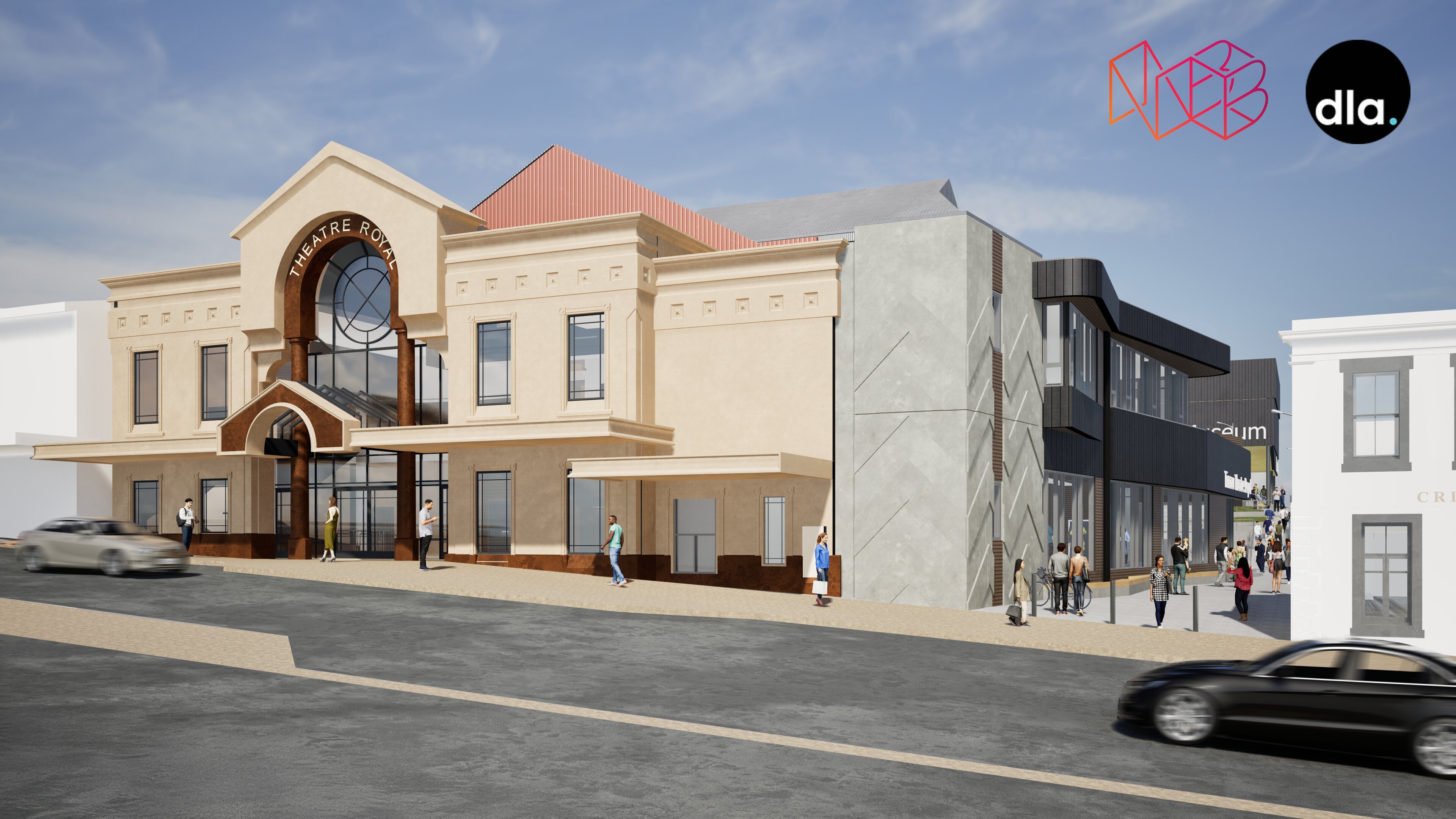 A new artist impression view of the front of the Theatre Royal with the laneway entrance.