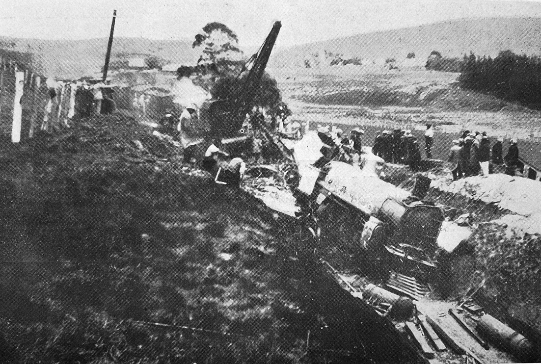Wreckage of a derailed train at Te Aute, Hawke’s Bay in which three people were killed. — Otago...