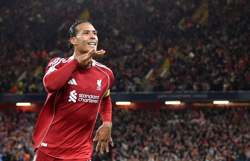 Virgil van Dijk celebrates scoring the match-winner for Liverpool against Atletico Madrid. Photo:...