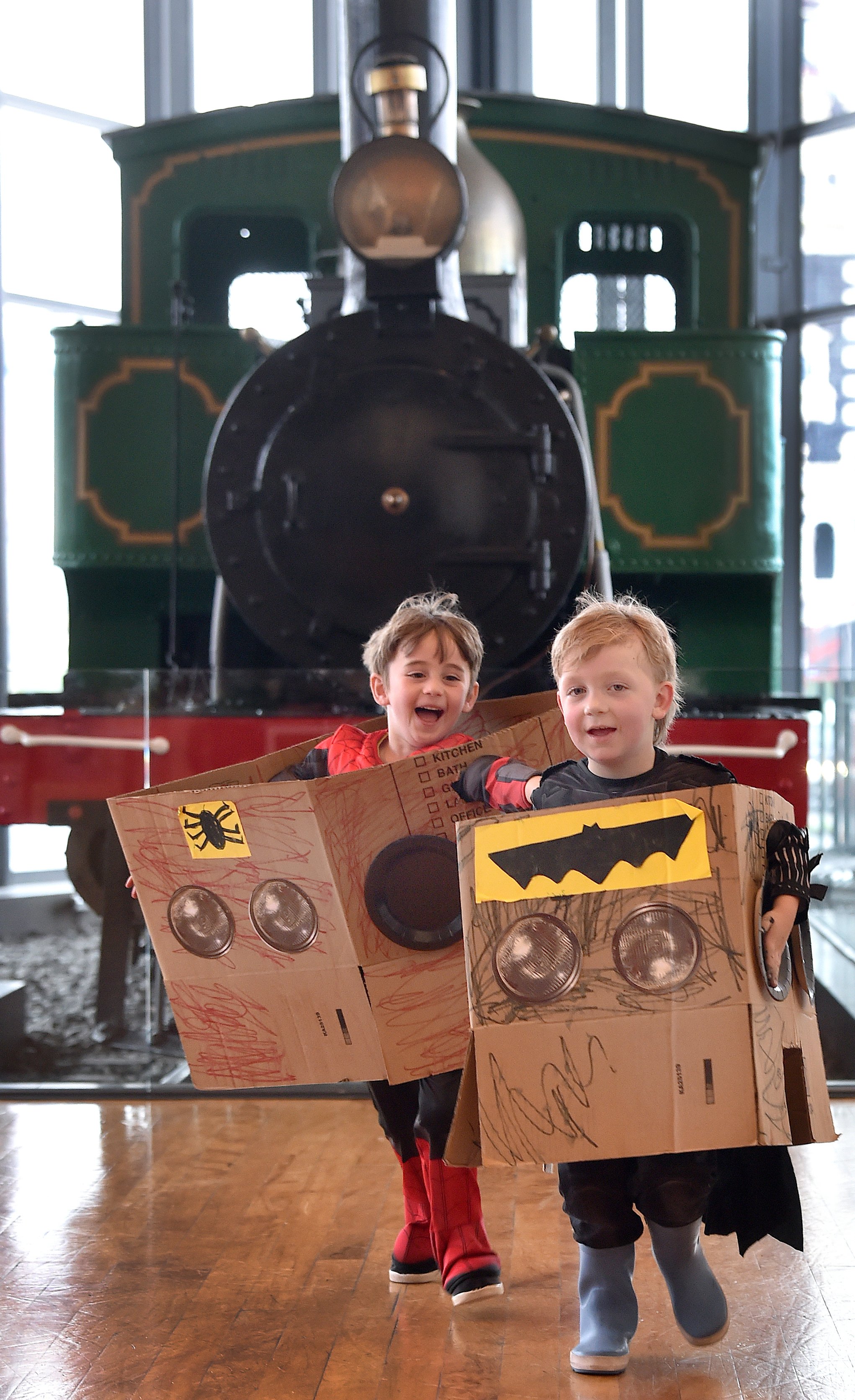 Oakley Stott (left) and Harry Powell, both 5, celebrate double-ended Fairlie locomotive Josephine...