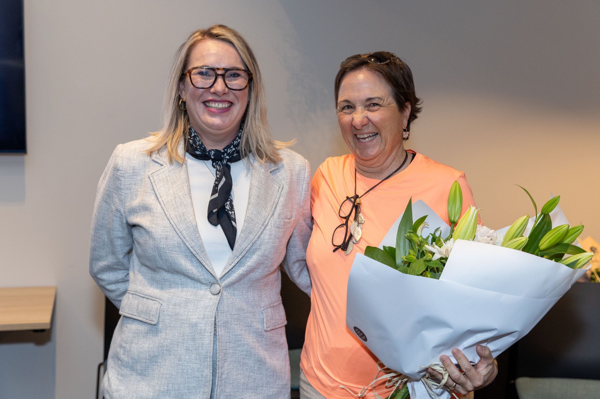Lakes District Arts Trust new chair Deborah McCormick, left, with predecessor Jeri Elliot....