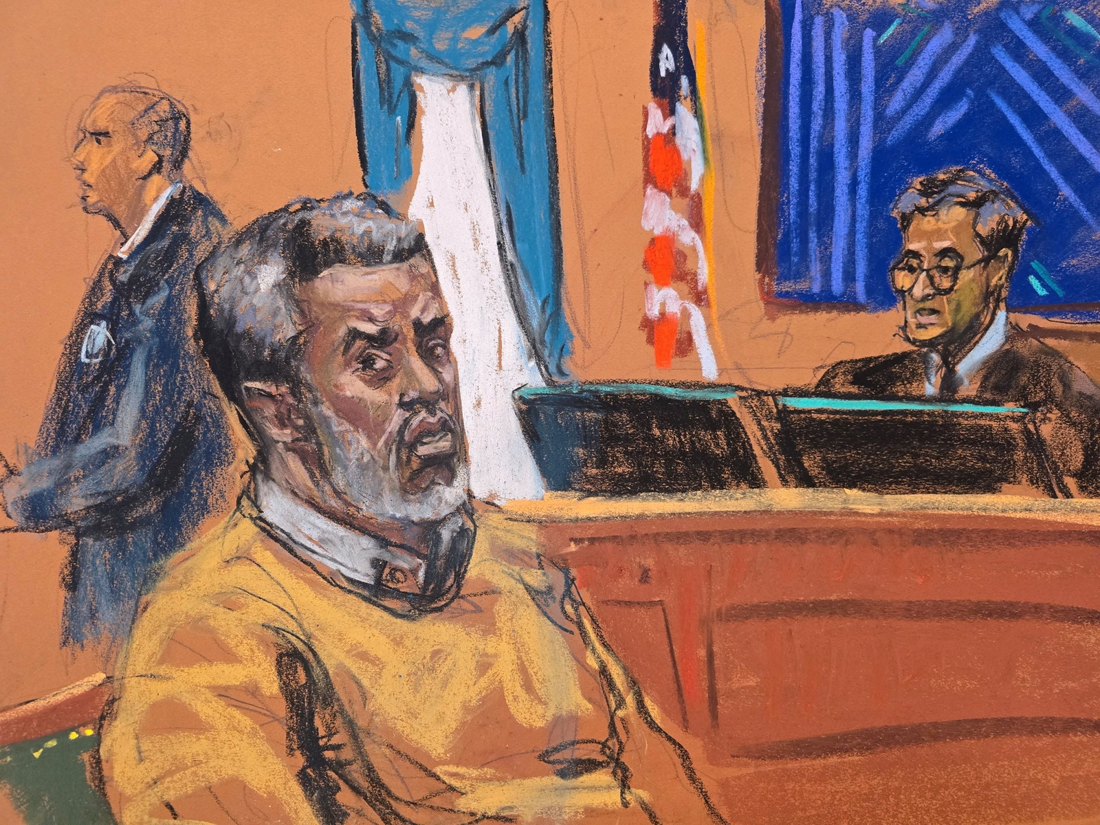 A courtroom sketch shows Sean 'Diddy' Combs listening as Judge Arun Subramanian pronounces the...