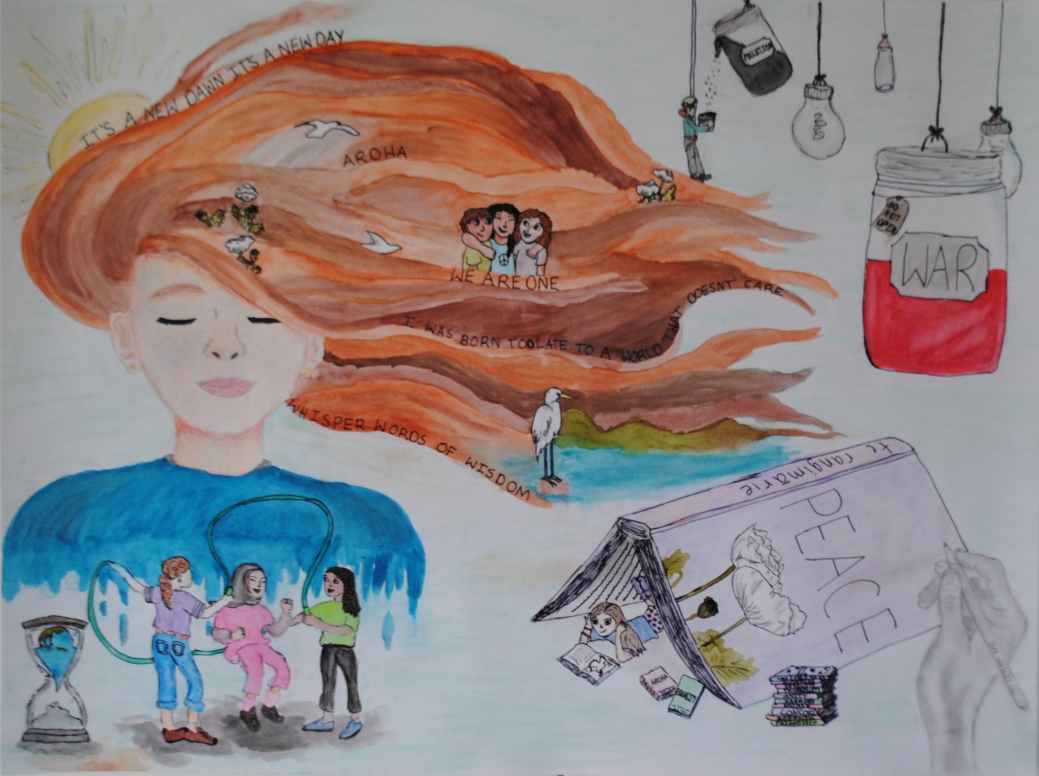 Ivy Wesley's poster, “What I see at, age 11, of what peace looks like”, won the Amberley District...