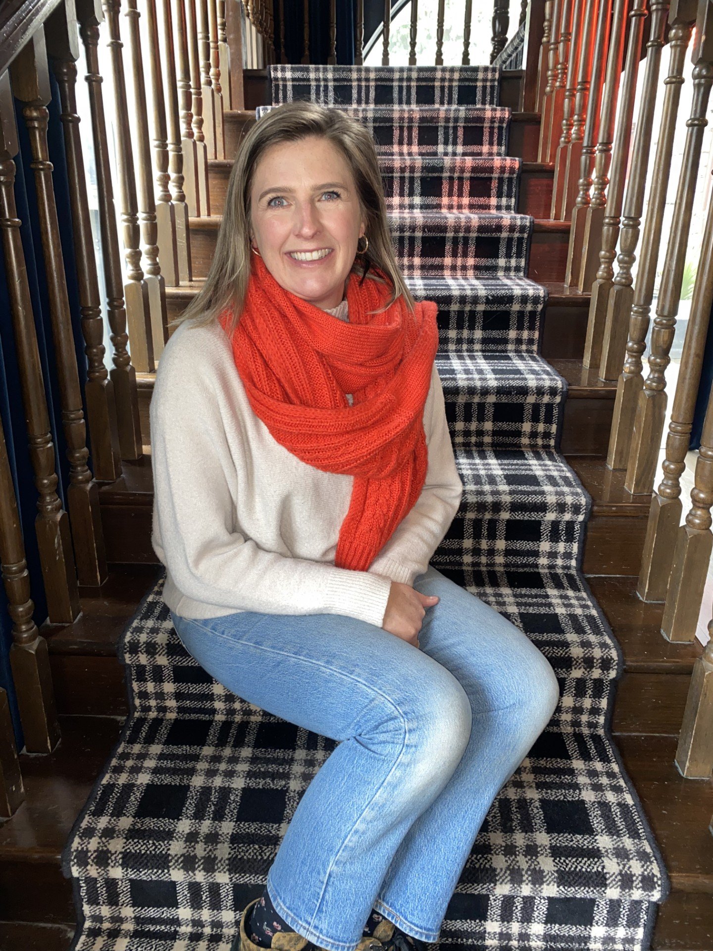 Lucy Byford on stairwell carpet she made for Queenstown’s Walter’s Tavern. PHOTO: PHILIP CHANDLER...