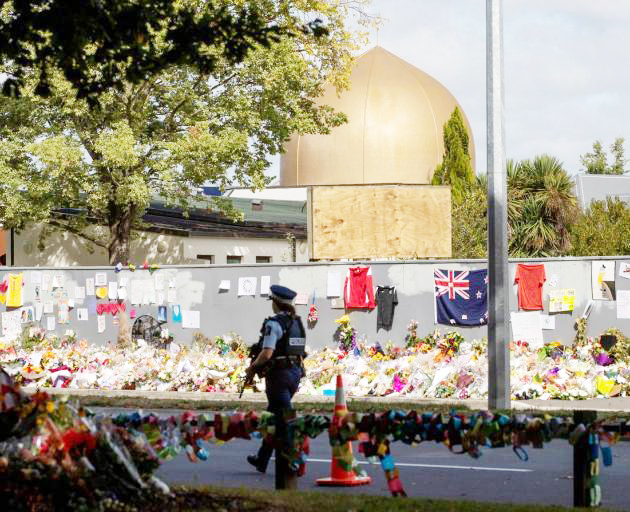 Flowers at the gate of Al Noor Mosque following the March 15, 2019, terror attacks. Photo: File...
