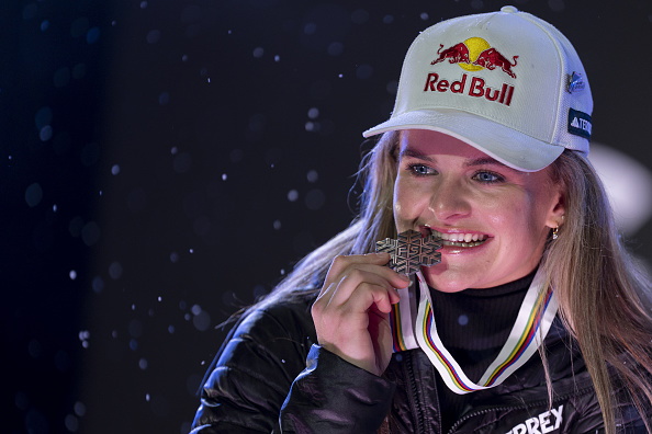 Alice Robinson bites on the silver medal she won in the women's giant slalom the FIS Alpine World...