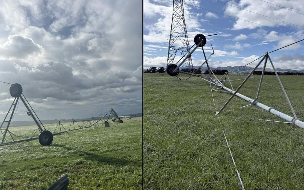 Wind-damaged pivot irrigators in North Canterbury. Photo: Supplied