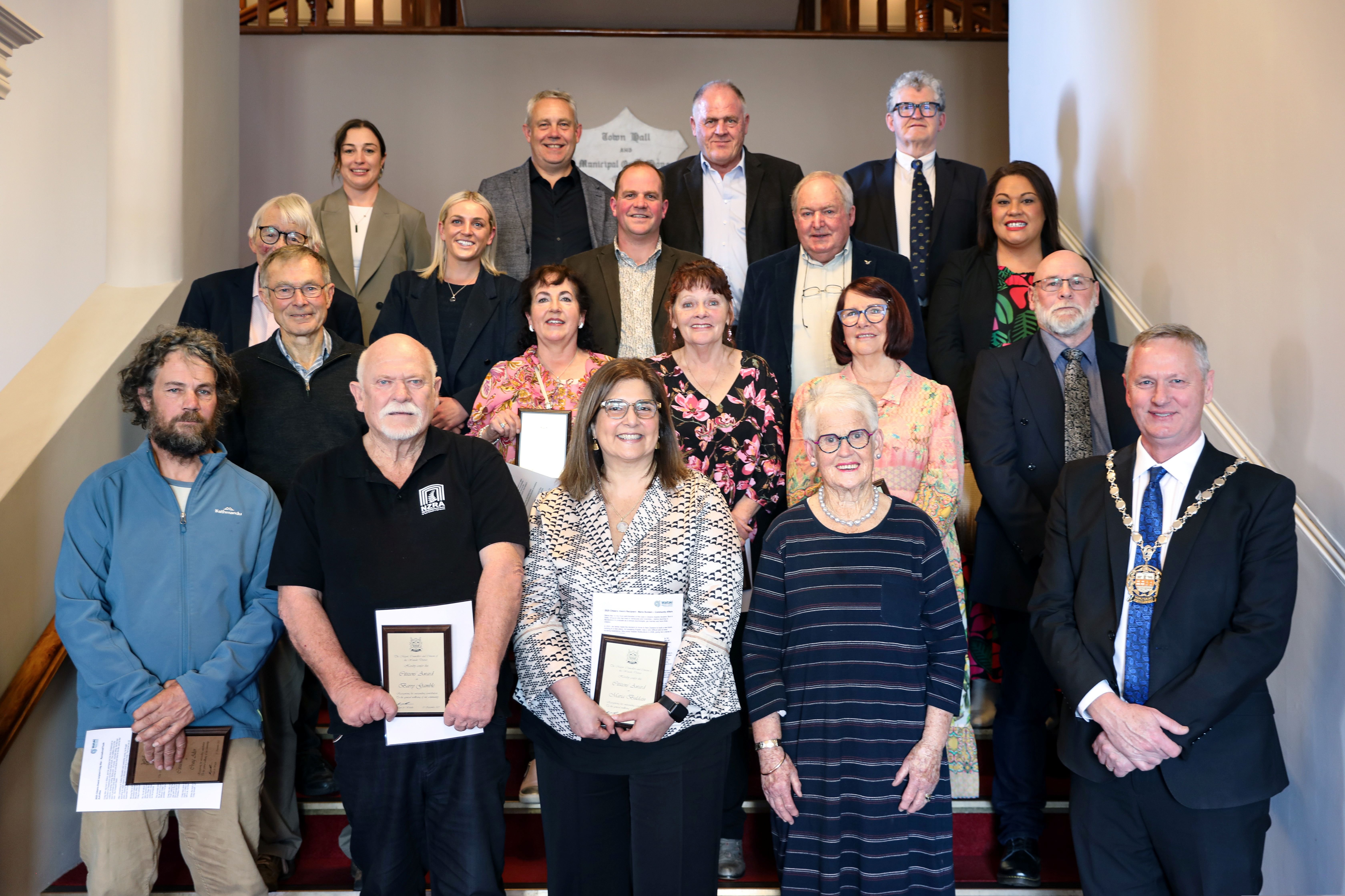The 2025 Waitaki Citizens’ Award recipients at the Oamaru Opera House with Waitaki District Mayor...