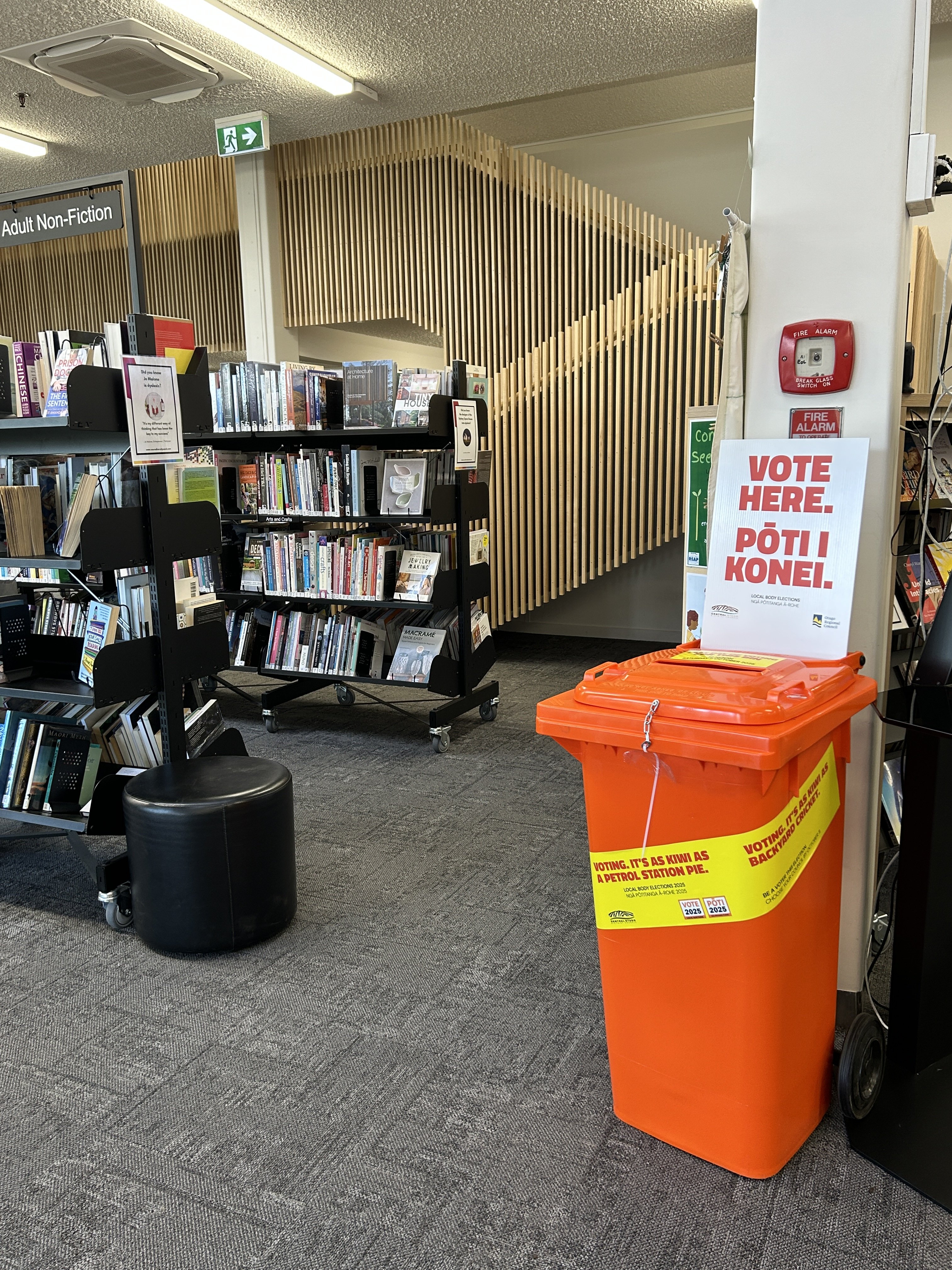 Orange bins, like this one at the Alexandra Public Library, are ready to collect the remaining 80...