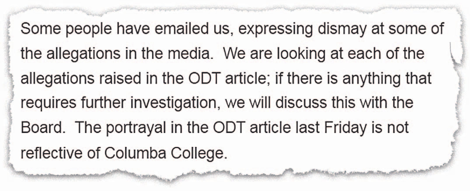 Email to parents from acting principal Aaron Everett and general manager Marianne Parks.