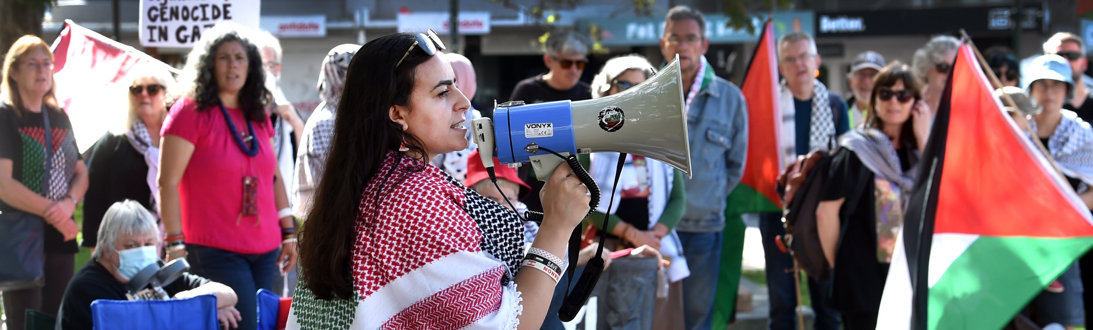 Rinad Tamimi speaks during a Gaza rally in the Octagon earlier this year. Photo: Peter McIntosh