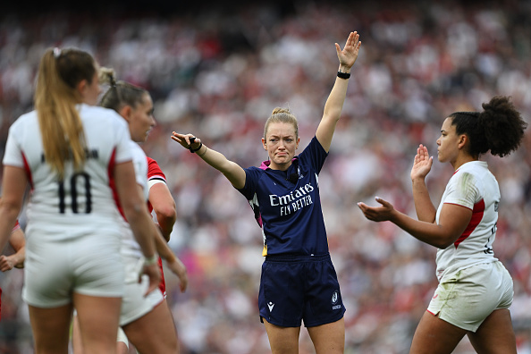 Hollie Davidson signals for a penalty to England during the Women’s Rugby World Cup final against...