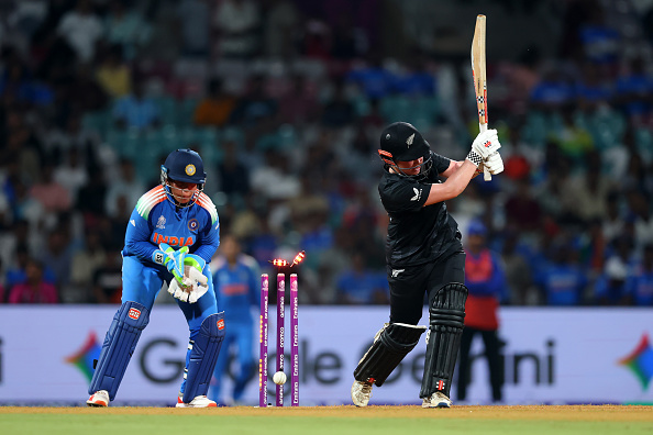 White Ferns batter Georgia Plimmer is bowled during this morning's loss to India. Photo: Getty...