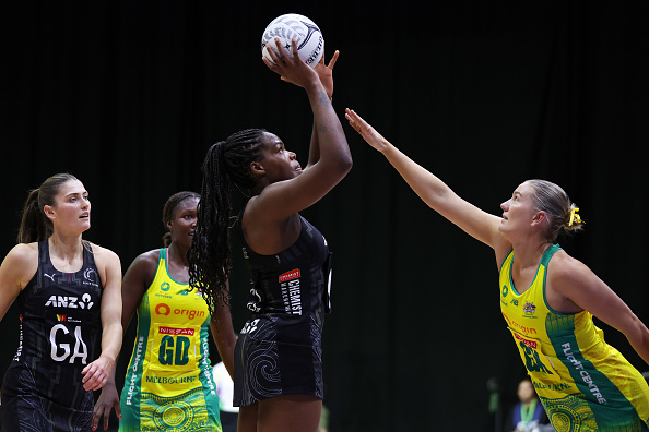 Grace Nweke of New Zealand is defended by Courtney Bruce of Australia during today's...