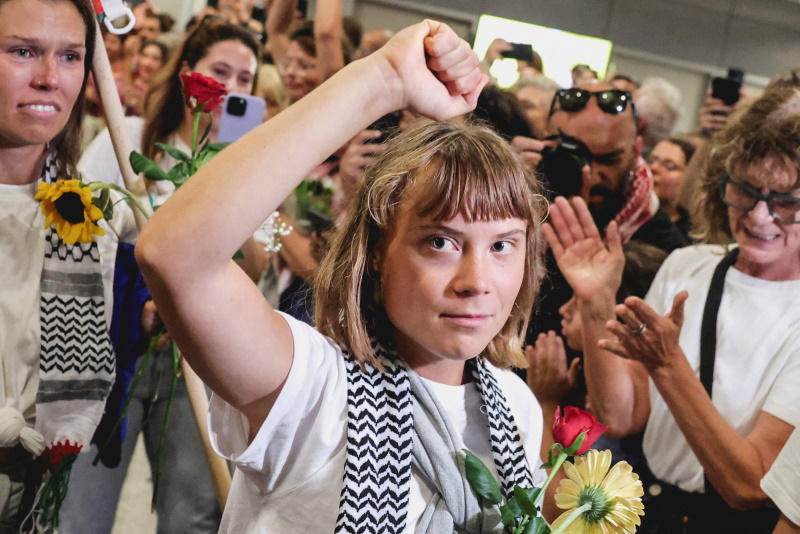 Greta Thunberg arrives in Athens after her detention in Israel, alongside others from the Global...