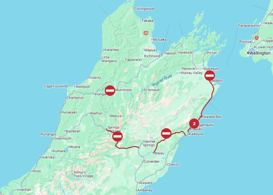 Highway closures at the top of the south Island on Wednesday morning. Image: NZTA