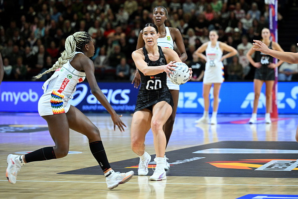 Karin Burger in possession of the ball during the Silver Ferns match against South Africa in...