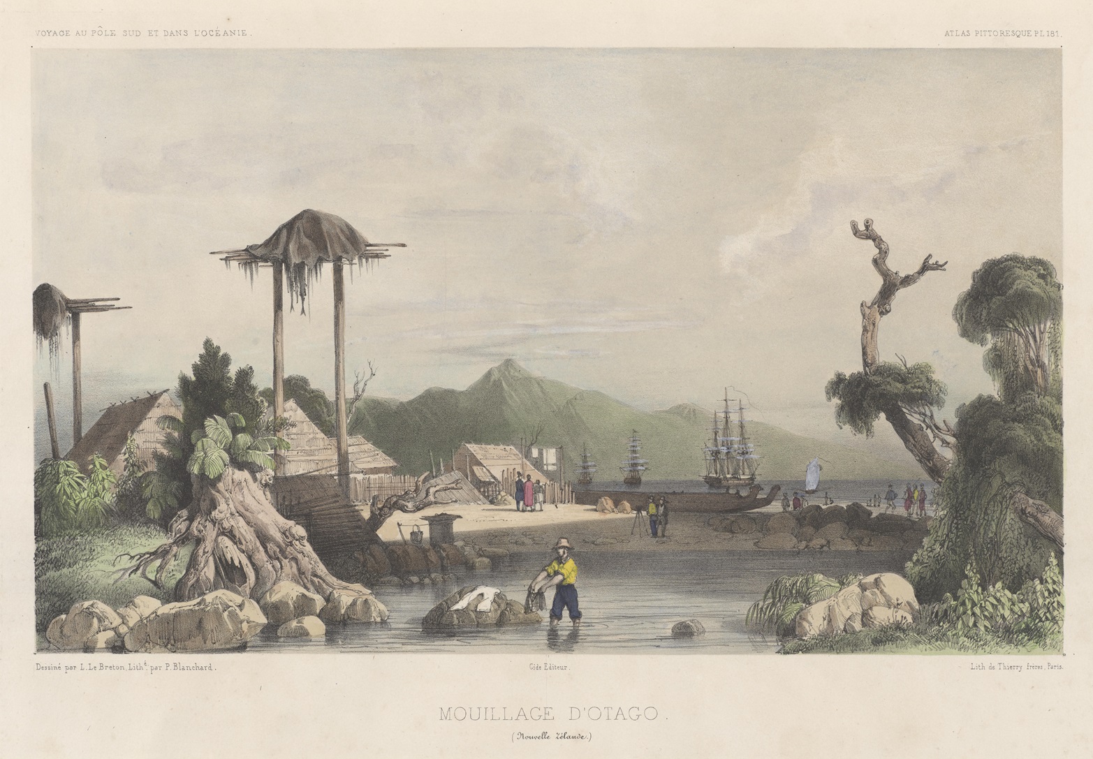 Ships at anchor near Ōtākou kāika in 1840 are depicted in this hand-coloured lithograph by P....